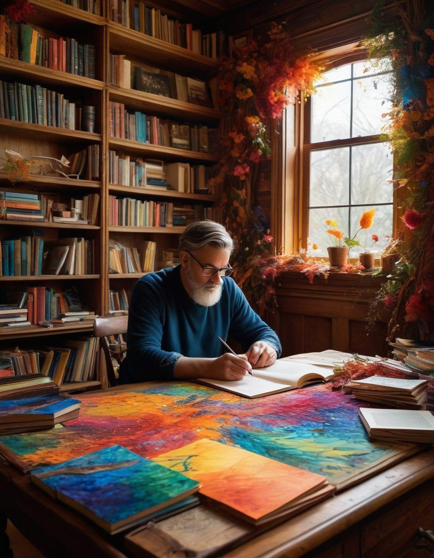 An imaginative scene depicting a writer, Richard Male, deep in thought as he transforms written words into a swirling tapestry of vibrant colors and artistic elements. The background features a blend of books, quills, and abstract art shapes symbolizing creativity, with swirling ink flowing into visual narratives. Incorporate elements of nature representing inspiration, like birds and trees. The atmosphere should feel magical and enchanting, inviting the viewer into the world of artistic storytelling. vibrant colors. super-realistic.