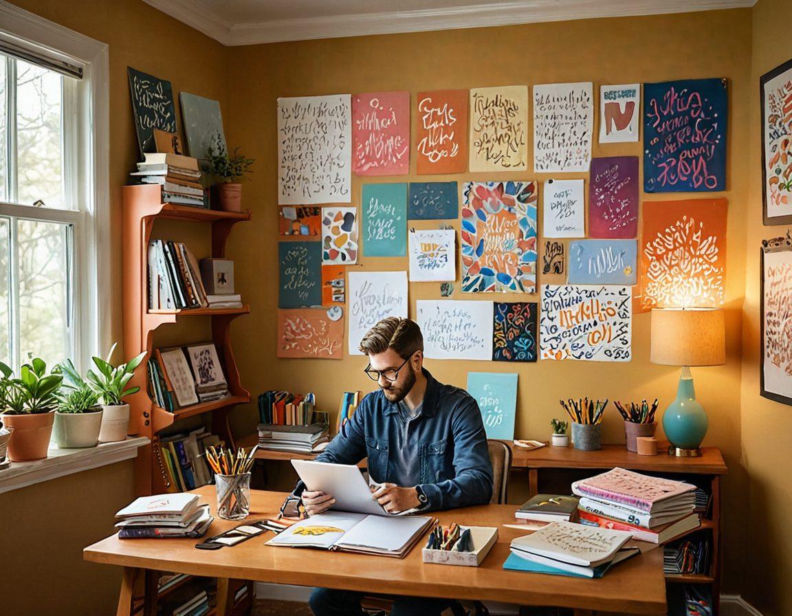 A whimsical workspace with an open laptop, surrounded by colorful notebooks and art supplies, capturing the essence of self-expression. Include a soft light illuminating the scene, with inspirational quotes written on the wall in vibrant calligraphy. Richard Male is depicted as a creative figure, painting ideas into the air. The mood is imaginative and welcoming. super-realistic. vibrant colors. warm tones.