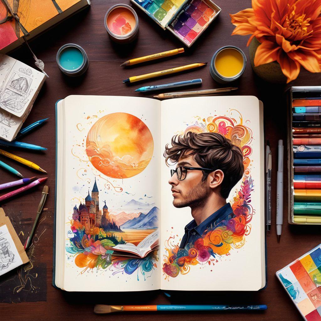 A vibrant collage representing the journey of creativity, featuring an open journal with colorful sketches and doodles spilling out, surrounded by art supplies like paintbrushes and colored pencils. In the background, a silhouette of Richard Male deep in thought, with swirling artistic elements symbolizing inspiration and imagination flowing around him. Bright and warm colors to evoke feelings of creativity and exploration. super-realistic. vibrant colors. soft focus.